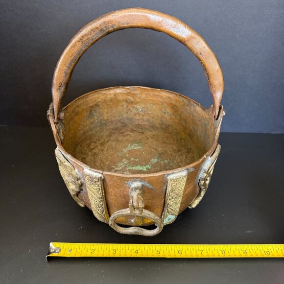 Antique Copper Cache Pot With Brass Embellishments Wobbly Bottom Unique French D - Picture 11 of 13